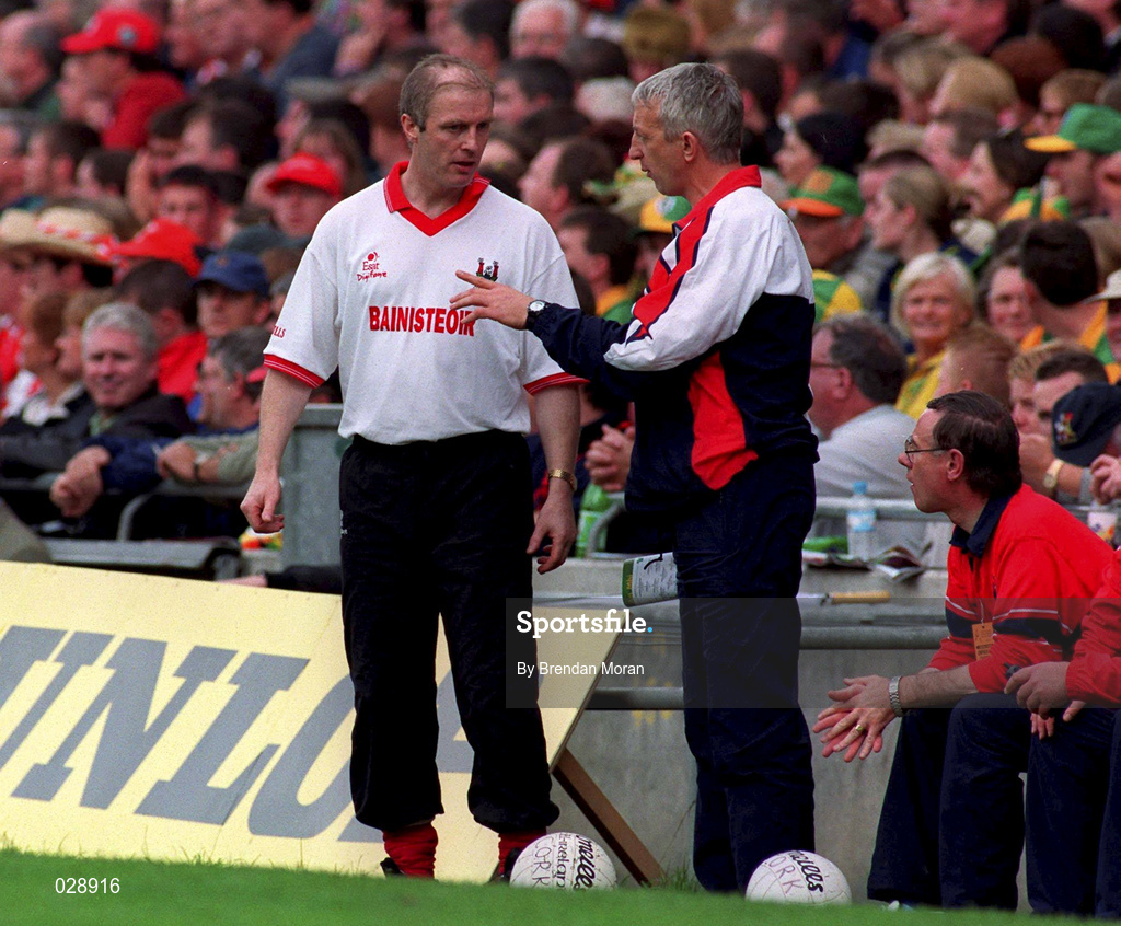26 September 1999; Cork manager Larry Tompkins, left, and selector Conor Counihan of Cork during the GAA Football All-Ireland Senior Championship Final match between Meath and Cork at Croke Park in Dublin. Photo by Brendan Moran/Sportsfile