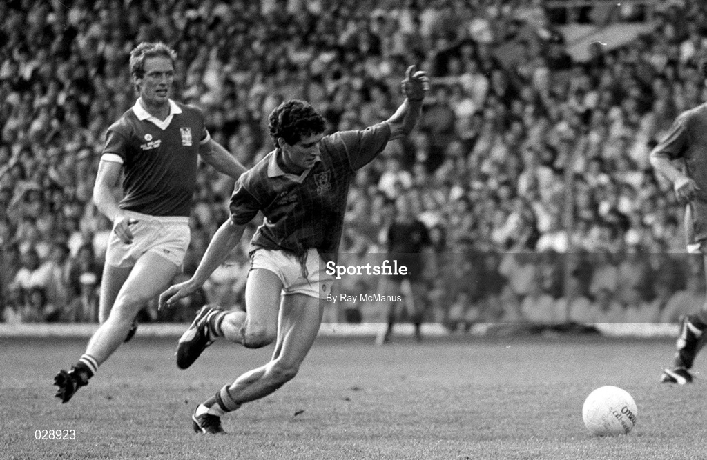 20 September 1987; Liam Harnan of Meath in action against Larry Tompkins of Cork during the All-Ireland Senior Football Championship Final match between Meath and Cork at Croke Park in Dublin. Photo by Ray McManus/Sportsfile