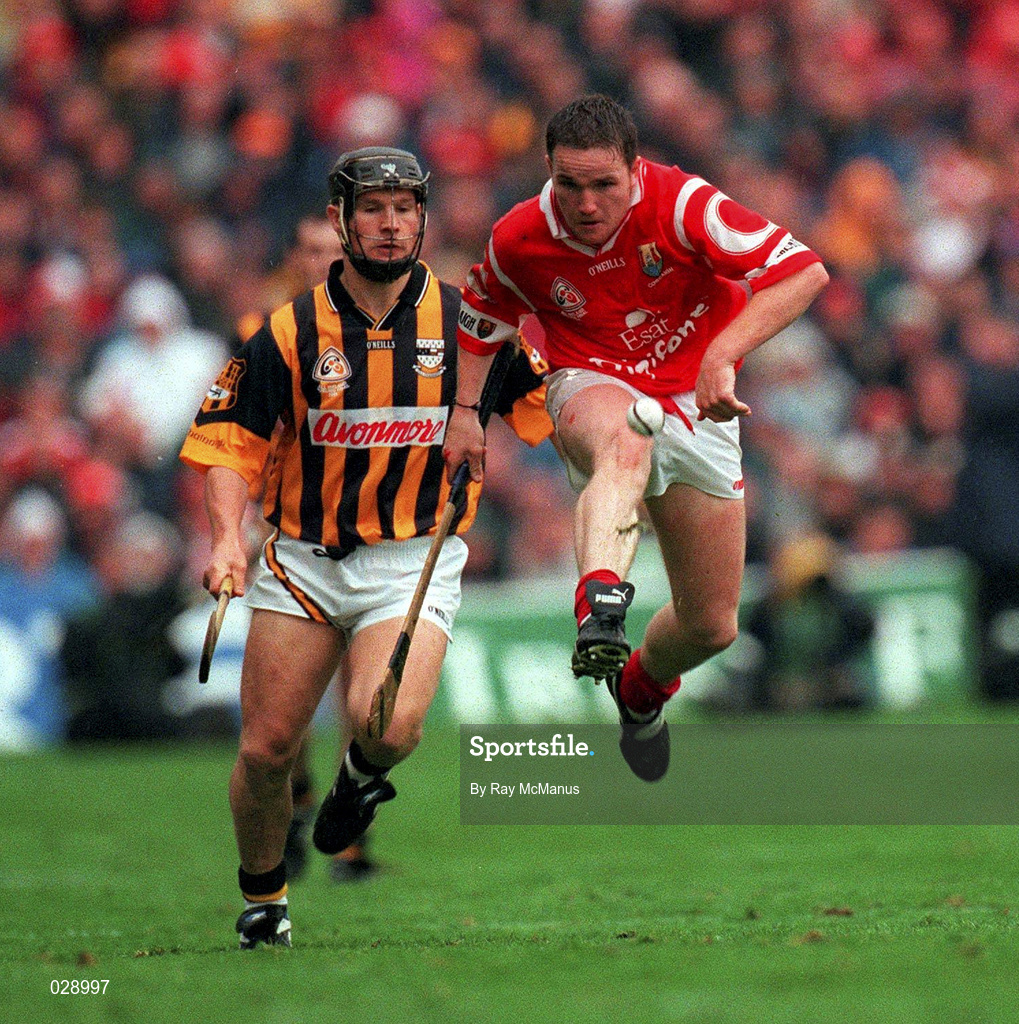 12 September 1999; Michael O'Connell, Cork, in action against P.J Delaney, Kilkenny, All Ireland Senior Hurling Championship Final, Croke Park, Dublin. Picture credit; Ray McManus/SPORTSFILE