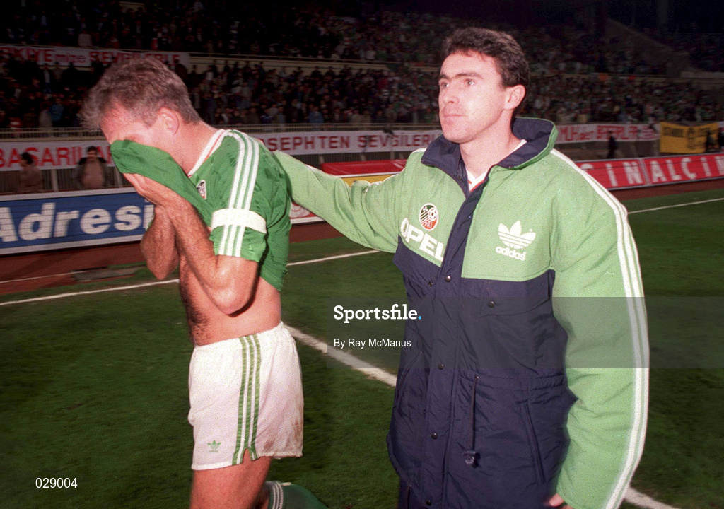 13 November 1991; Mick McCarthy, left, and Alan McLoughlan following the European Championship Qualifier match between Turkey and Republic of Ireland in Istanbul, Turkey. Photo by Ray McManus/Sportsfile