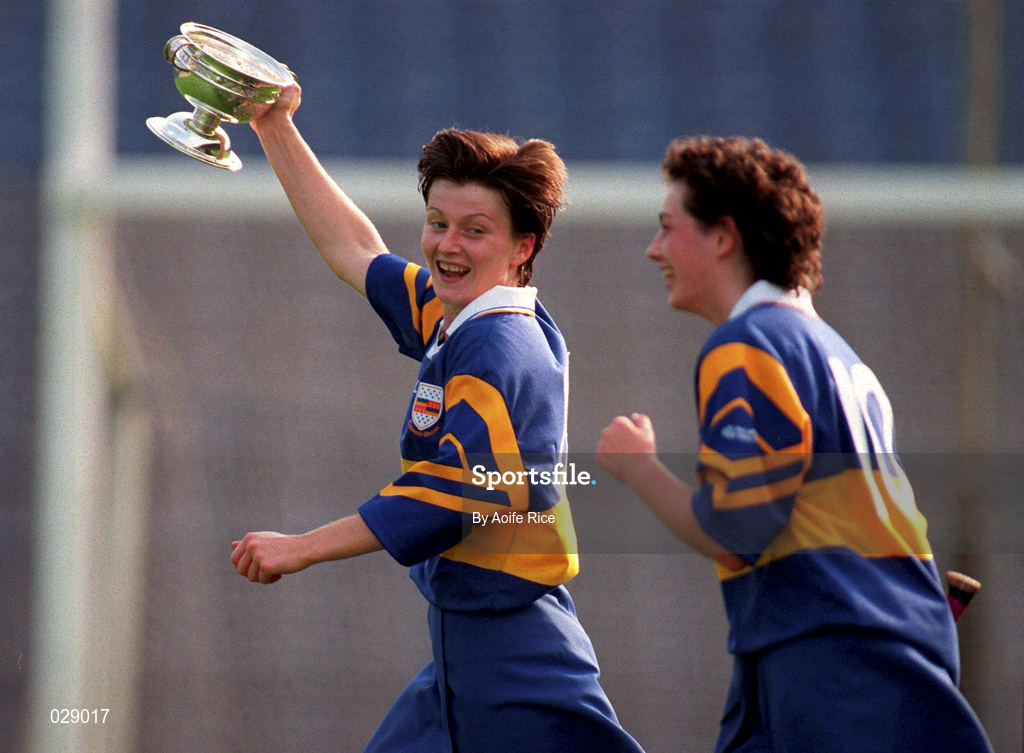 5 September 1999; Meabh Stokes, left, and Noelle Kennedy of Tipperary celebrate following the Bórd na Gaeilge All-Ireland Senior Camogie Championship Final between Tipperary and Kilkenny at Croke Park in Dublin. Photo by Aoife Rice/Sportsfile
