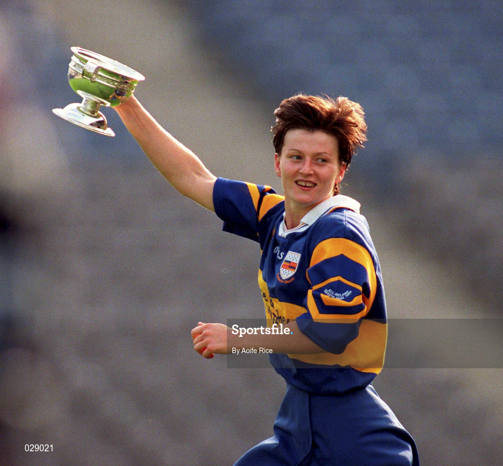 5 September 1999; Meabh Stokes of Tipperary celebrates with the cup following the Bórd na Gaeilge All-Ireland Senior Camogie Championship Final between Tipperary and Kilkenny at Croke Park in Dublin. Photo by Aoife Rice/Sportsfile