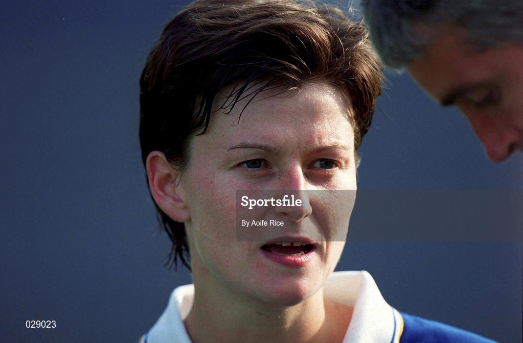 5 September 1999; Tipperary captain Meabh Stokes speaking to media following her side's victory in the Bórd na Gaeilge All-Ireland Senior Camogie Championship Final between Tipperary and Kilkenny at Croke Park in Dublin. Photo by Aoife Rice/Sportsfile