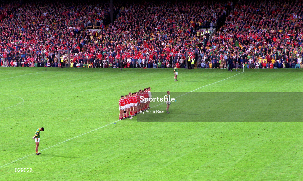 26 September 1999; The Cork team and 3 members of the Meath team stand for the National anthem prior to the GAA Football All-Ireland Senior Championship Final match between Meath and Cork at Croke Park in Dublin. Photo by Aoife Rice/Sportsfile