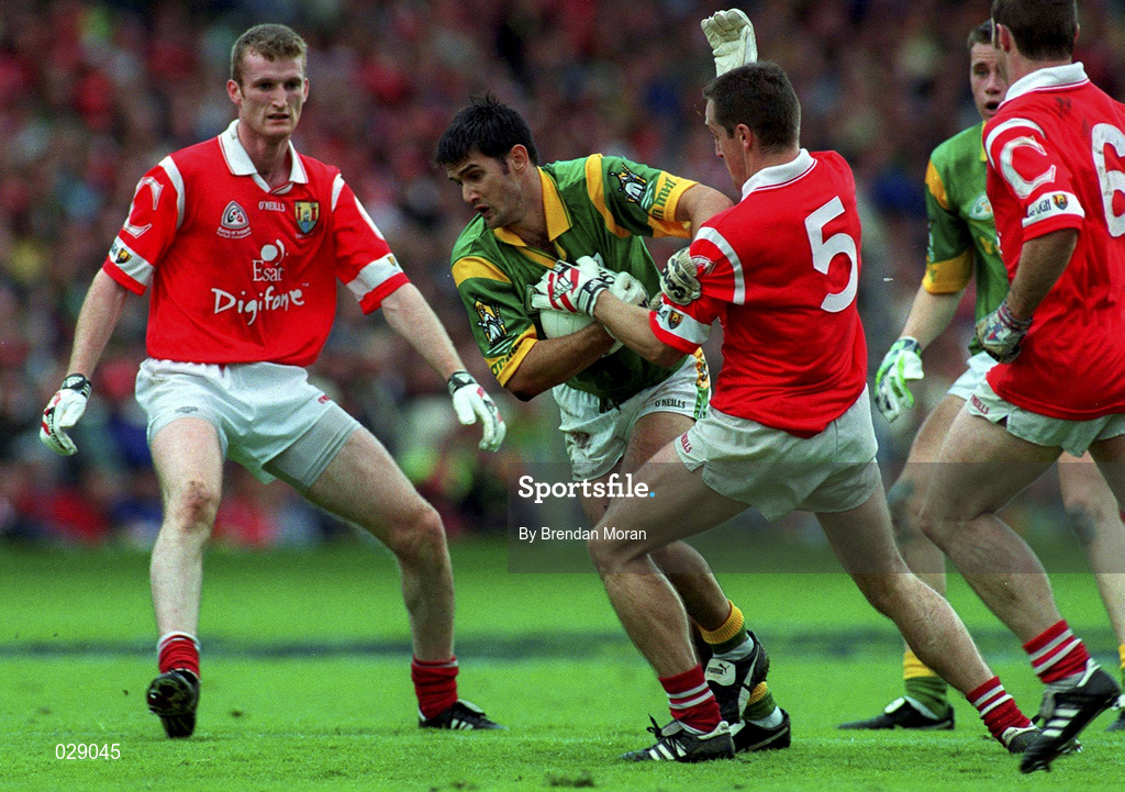 26 September 1999; Nigel Nestor of Meath in action against Ciaran O'Sullivan, 5, and Nicholas Murphy of Cork during the GAA Football All-Ireland Senior Championship Final match between Meath and Cork at Croke Park in Dublin. Photo by Brendan Moran/Sportsfile