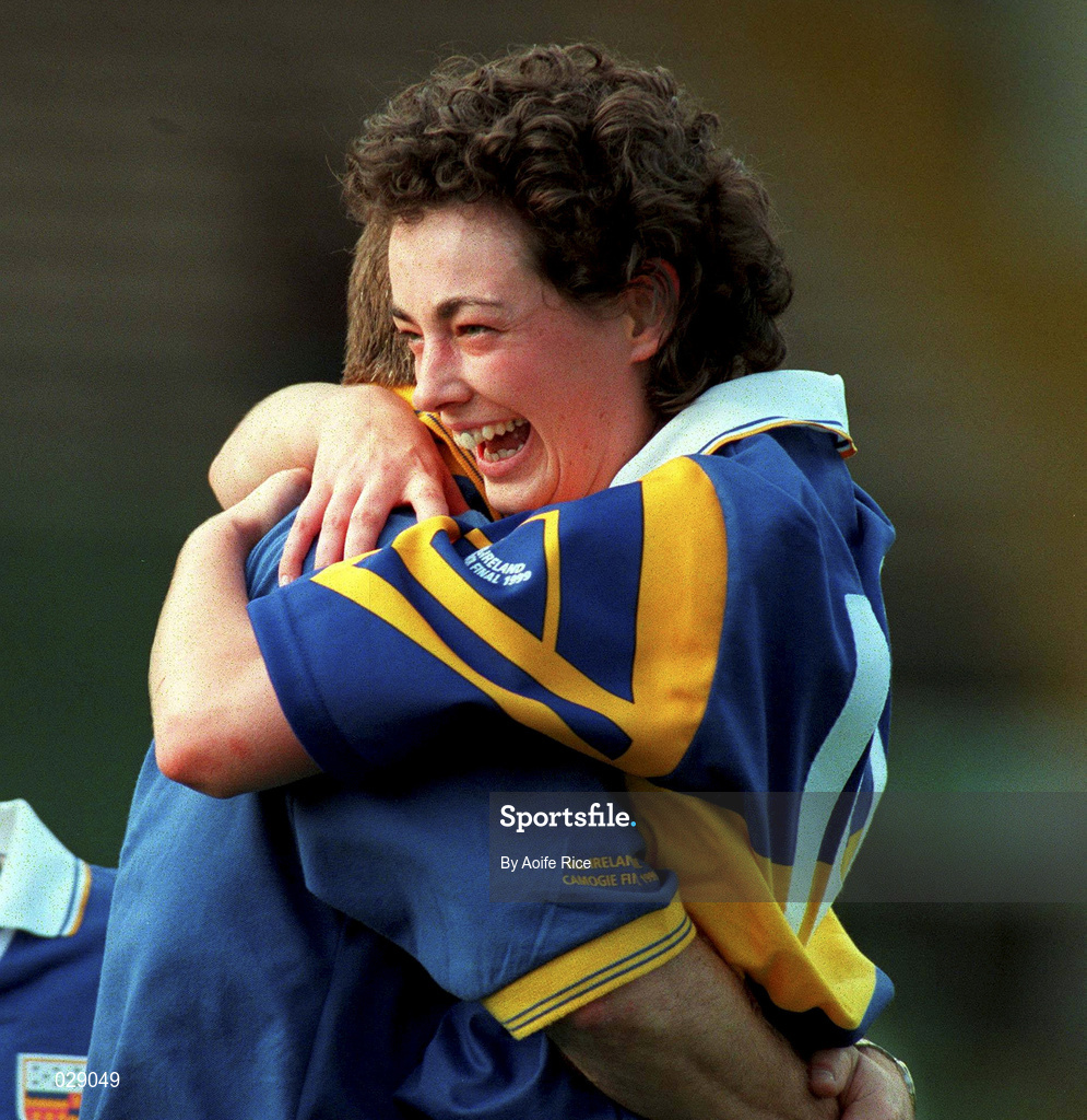 5 September 1999; Noelle Kennedy of Tipperary celebrates with coach Michael Cleary following the Bórd na Gaeilge All-Ireland Senior Camogie Championship Final between Tipperary and Kilkenny at Croke Park in Dublin. Photo by Aoife Rice/Sportsfile