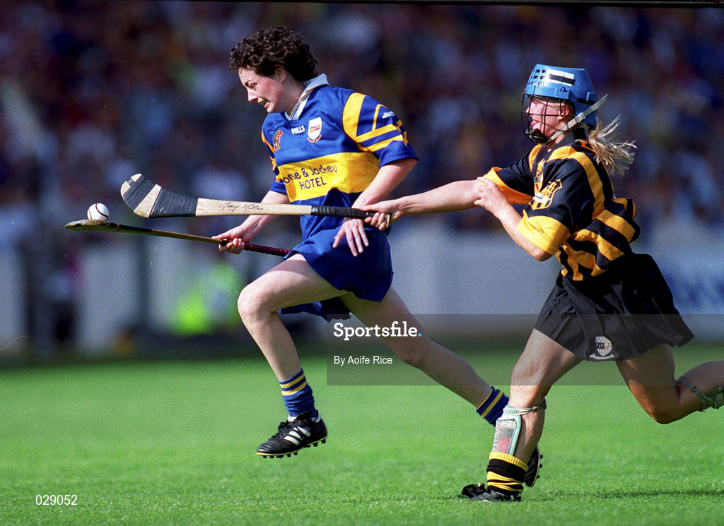 5 September 1999; Noelle Kennedy of Tipperary in action against Treacy Milea of Kilkenny during the Bórd na Gaeilge All-Ireland Senior Camogie Championship Final between Tipperary and Kilkenny at Croke Park in Dublin. Photo by Aoife Rice/Sportsfile