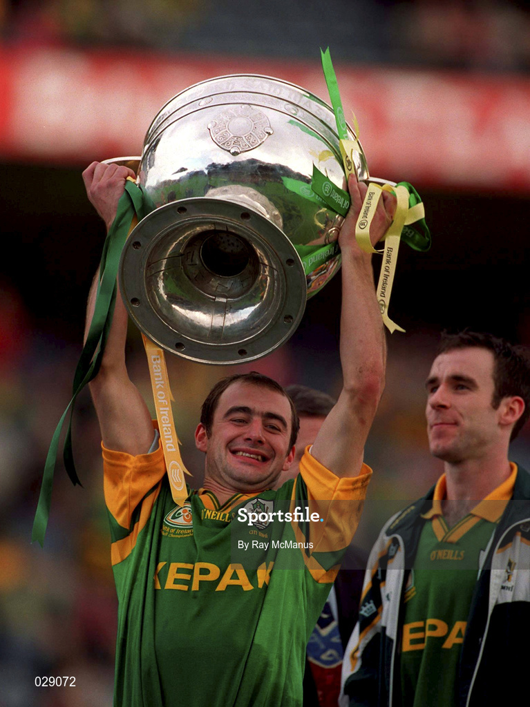 26 September 1999; Paddy Reynolds of Meath lifts the Sam Maguire Cup following the GAA Football All-Ireland Senior Championship Final match between Meath and Cork at Croke Park in Dublin. Photo by Ray McManus/Sportsfile