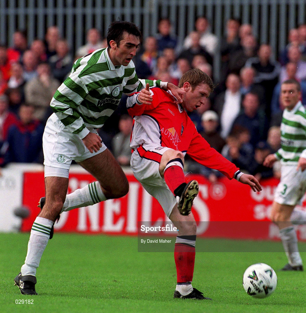 24 October 1999; Terry Palmer of Shamrock Rovers in action against Trevor Molly of St Patrick's Athletic during the Eircom League Premier Division match between St Patrick's Athletic and Shamrock Rovers at Richmond Park in Dublin. Photo by David Maher/Sportsfile