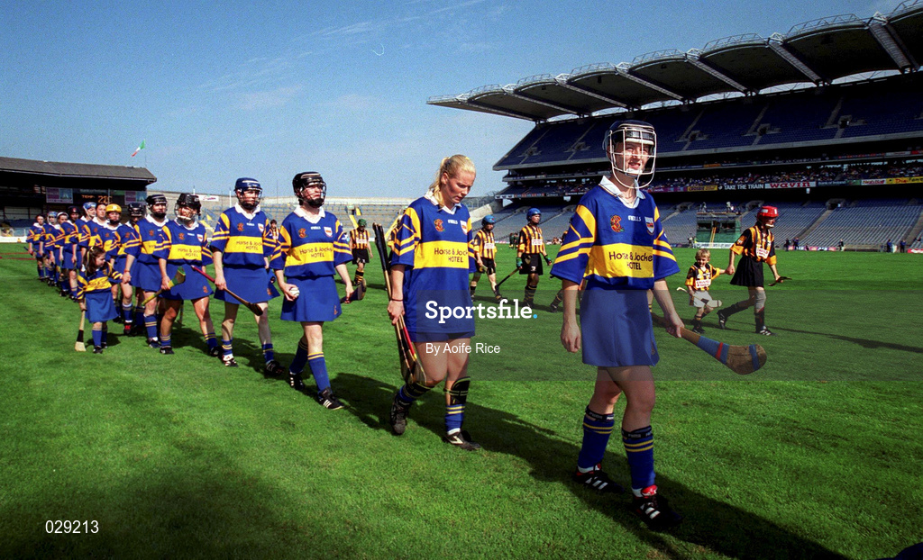 5 September 1999; The Tipperary team during the pre match parade prior to the Bórd na Gaeilge All-Ireland Senior Camogie Championship Final between Tipperary and Kilkenny at Croke Park in Dublin. Photo by Aoife Rice/Sportsfile
