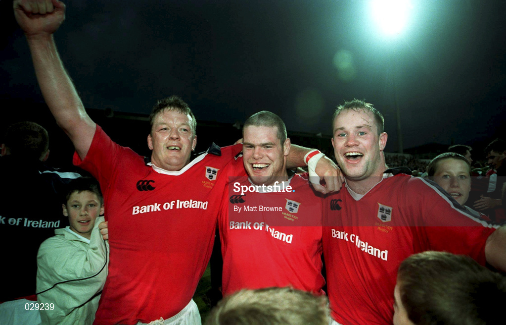 10 September 1999; Munster players, from left, Michael Galway, Peter Bracken and Frankie Sheahan celebrate following the Representative Match between Munster and Ireland XV at Musgrave Park in Cork. Photo by Matt Browne/Sportsfile