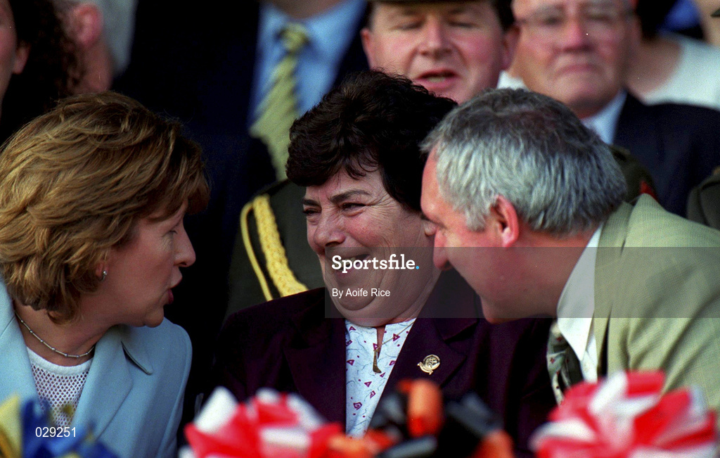 5 September 1999; President of Ireland Mary McAleese, left, President of the Camogie Association Phyllis Breslin and Taoiseach Bertie Aherne during the Bórd na Gaeilge All-Ireland Senior Camogie Championship Final between Tipperary and Kilkenny at Croke Park in Dublin. Photo by Aoife Rice/Sportsfile