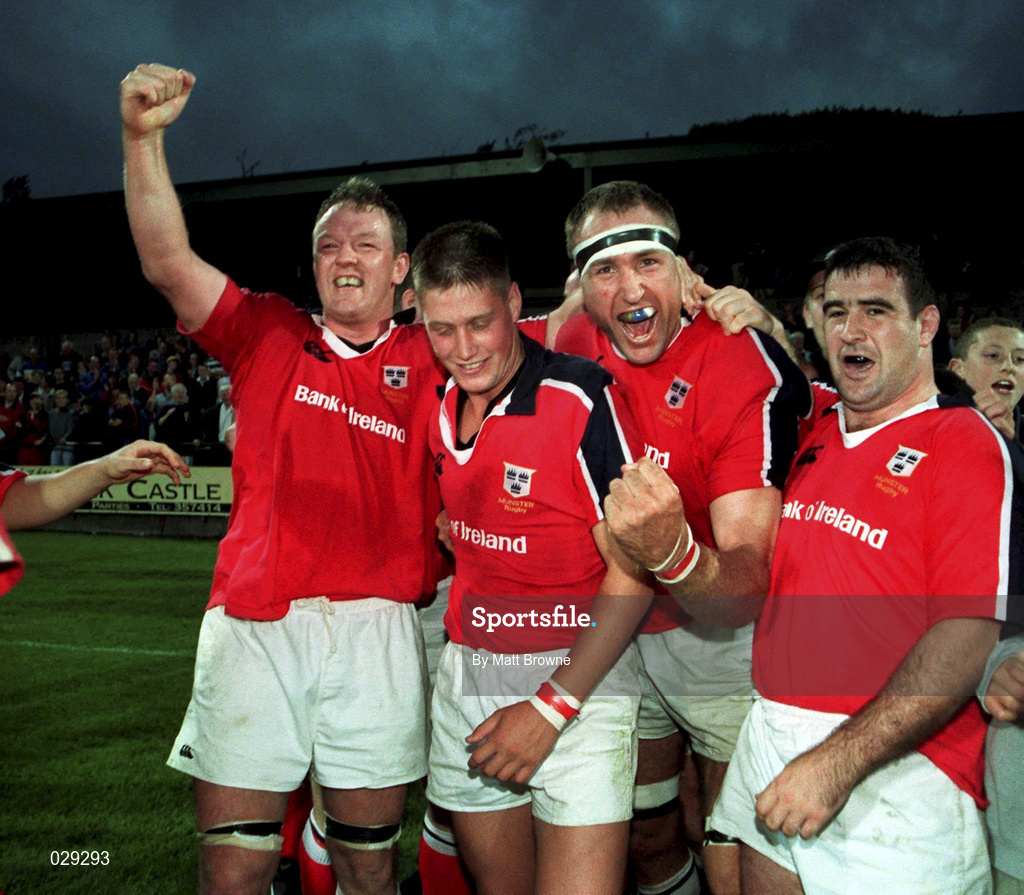 10 September 1999; Munster players, from left, Michael Galway, Ronan O'Gara, John Langford and Mark McDermott celebrate following the Representative Match between Munster and Ireland XV at Musgrave Park in Cork. Photo by Matt Browne/Sportsfile