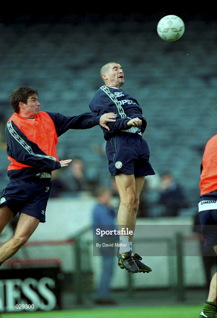 31 August 1999; Roy Keane, right, and Jeff Kenna during Republic of Ireland squad training at Lansdowne Road in Dublin. Photo by David Maher/Sportsfile