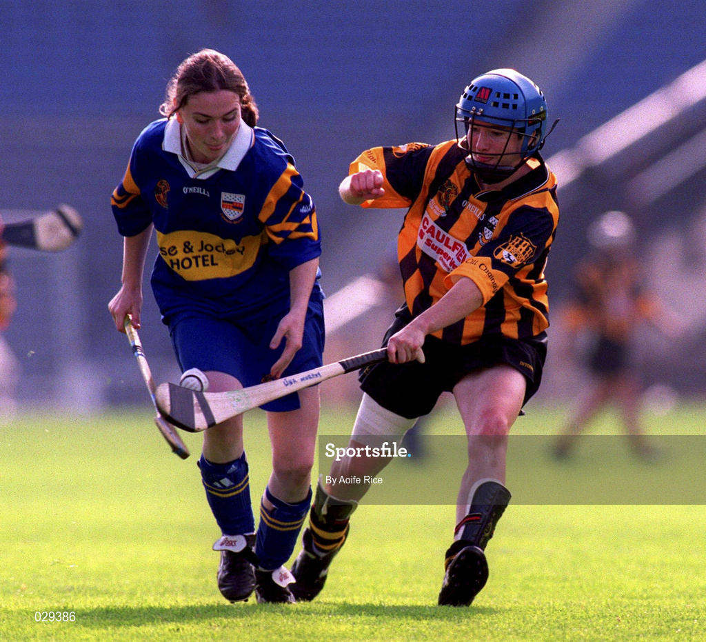 5 September 1999; Philomena Fogarty of Tipperary in action against Una Murphy of Kilkenny during the Bórd na Gaeilge All-Ireland Senior Camogie Championship Final between Tipperary and Kilkenny at Croke Park in Dublin. Photo by Aoife Rice/Sportsfile