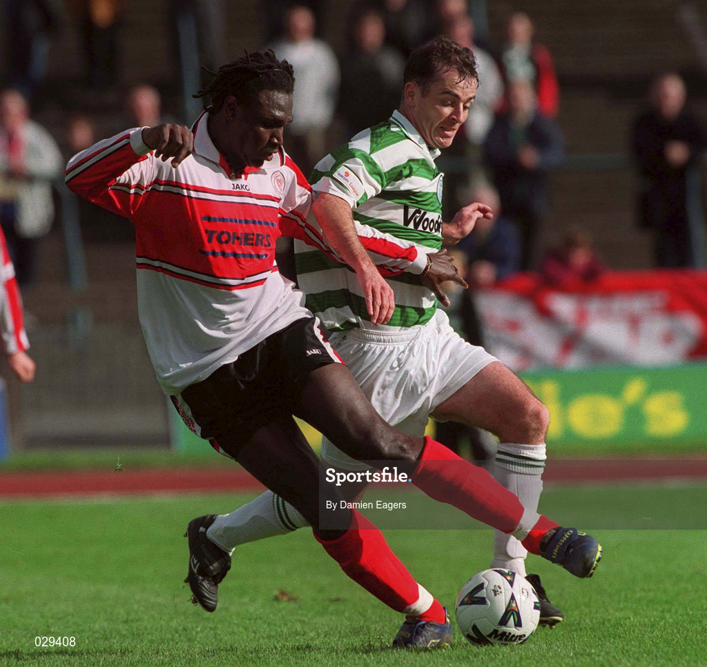 26 September 1999; Wesley Charles of Sligo Rovers in action against Derek Tracey of Shamrock Rovers during the Eircom League Premier Division match between Shamrock Rovers and Sligo Rovers at Morton Stadium in Dublin. Photo by Damien Eagers/Sportsfile