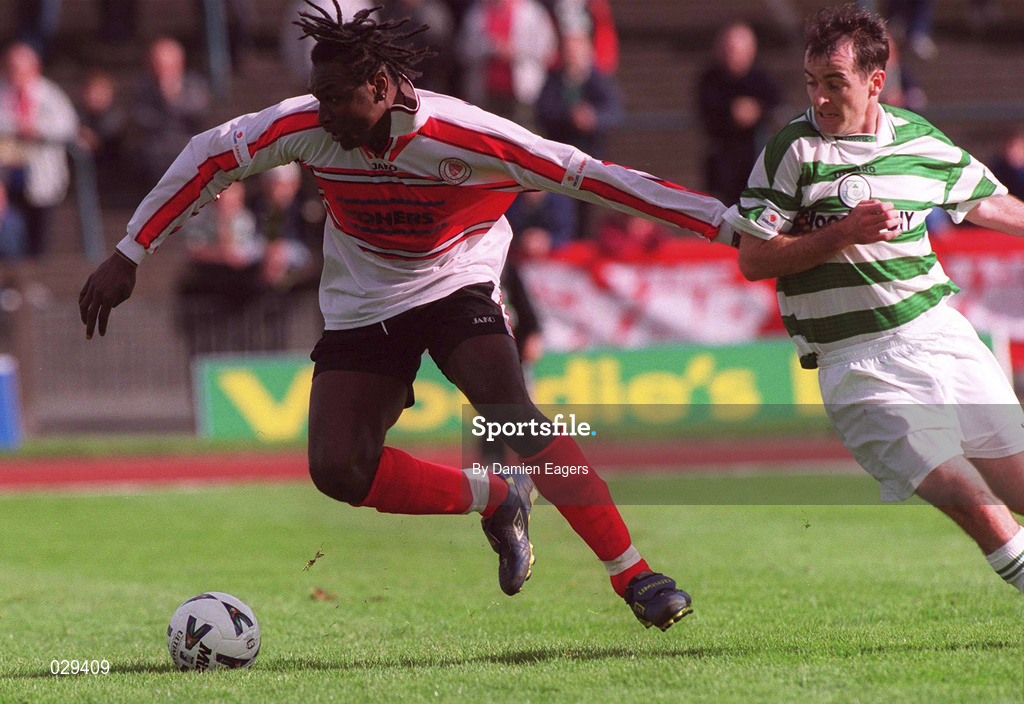 26 September 1999; Wesley Charles of Sligo Rovers in action against Derek Tracey of Shamrock Rovers during the Eircom League Premier Division match between Shamrock Rovers and Sligo Rovers at Morton Stadium in Dublin. Photo by Damien Eagers/Sportsfile