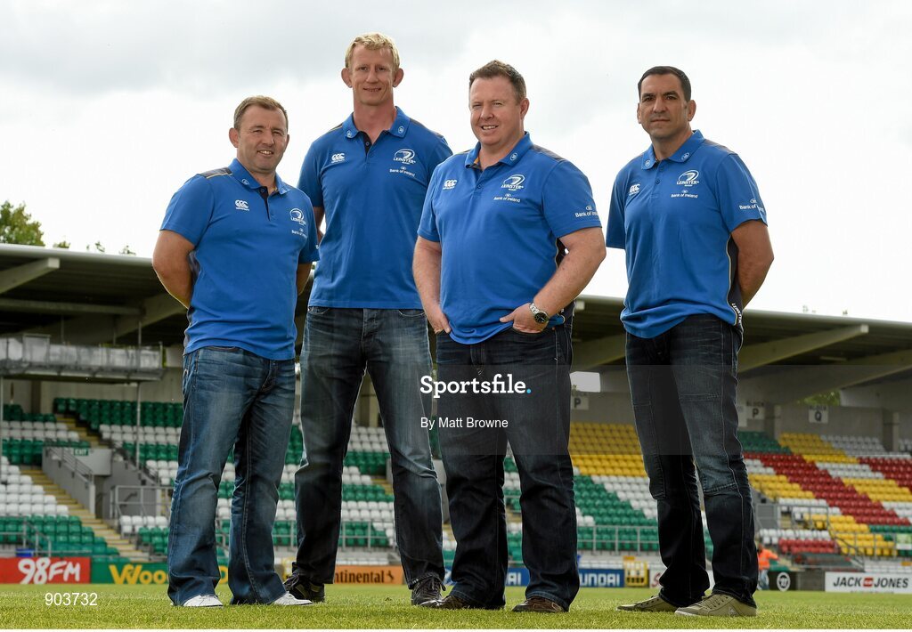 20 August 2014; The Leinster Rugby coaching team, from left, Richie Murphy, skills & kicking coach, Leo Cullen, forwards coach, Matt O'Connor, head coach and Marco Caputo, scrum coach. Tallaght Stadium, Tallaght, Co. Dublin. Picture credit: Matt Browne / SPORTSFILE