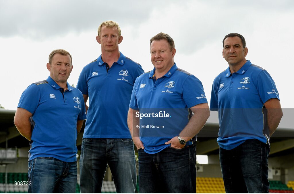 20 August 2014; The Leinster Rugby coaching team, from left, Richie Murphy, skills & kicking coach, Leo Cullen, forwards coach, Matt O'Connor, head coach and Marco Caputo, scrum coach. Tallaght Stadium, Tallaght, Co. Dublin. Picture credit: Matt Browne / SPORTSFILE