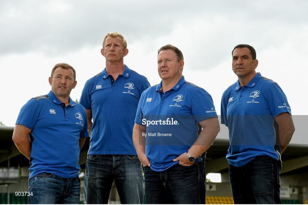 20 August 2014; The Leinster Rugby coaching team, from left, Richie Murphy, skills & kicking coach, Leo Cullen, forwards coach, Matt O'Connor, head coach and Marco Caputo, scrum coach. Tallaght Stadium, Tallaght, Co. Dublin. Picture credit: Matt Browne / SPORTSFILE