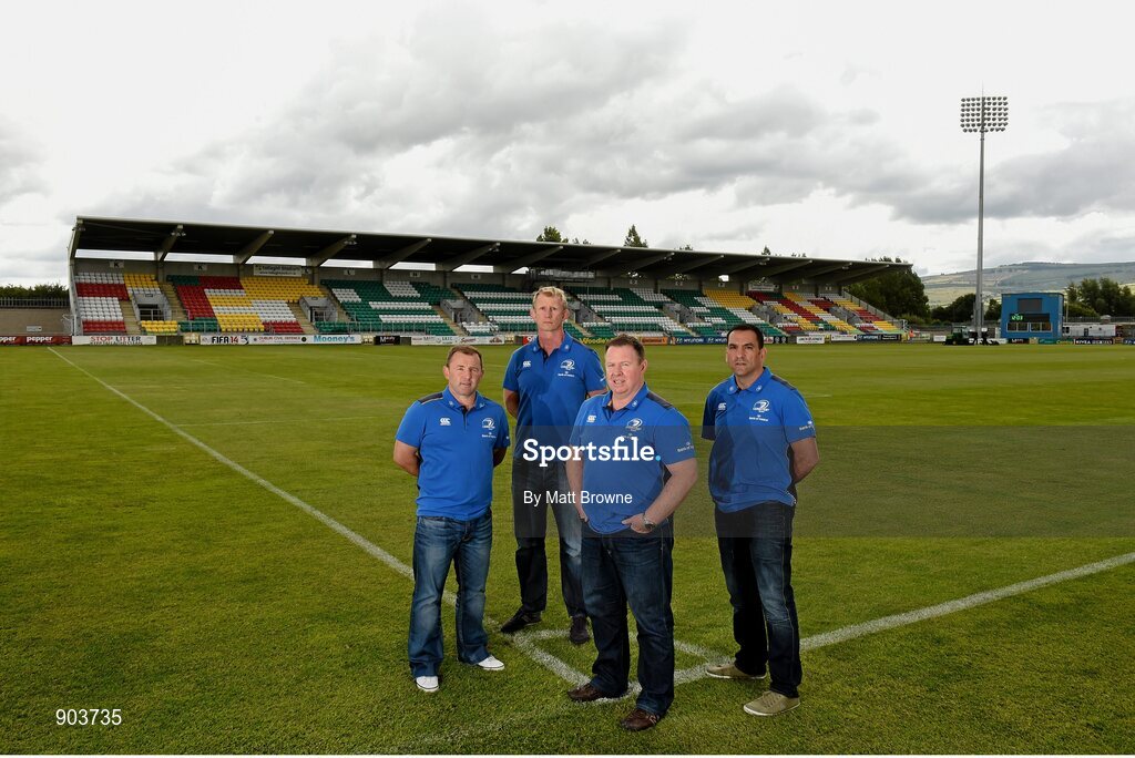 20 August 2014; The Leinster Rugby coaching team, from left, Richie Murphy, skills & kicking coach, Leo Cullen, forwards coach, Matt O'Connor, head coach and Marco Caputo, scrum coach. Tallaght Stadium, Tallaght, Co. Dublin. Picture credit: Matt Browne / SPORTSFILE