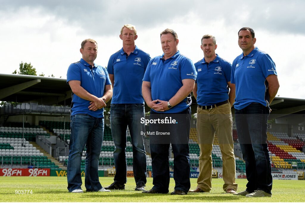 20 August 2014; Leinster coaching staff, from left, Richie Murphy, skills & kicking coach, Leo Cullen, forwards coach, Matt O'Connor, head coach, Guy Easterby, team manager, and Marco Caputo, scrum coach. Tallaght Stadium, Tallaght, Co. Dublin. Picture credit: Matt Browne / SPORTSFILE