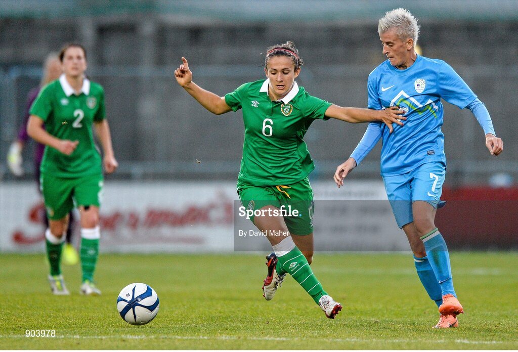 20 August 2014; Dora Gorman, Republic of Ireland, in action against Andreja Nikl, Slovenia. FIFA Women's World Cup Qualifier, Group 1, Republic of Ireland v Slovenia. Tallaght Stadium, Tallaght, Co. Dublin. Picture credit: David Maher / SPORTSFILE