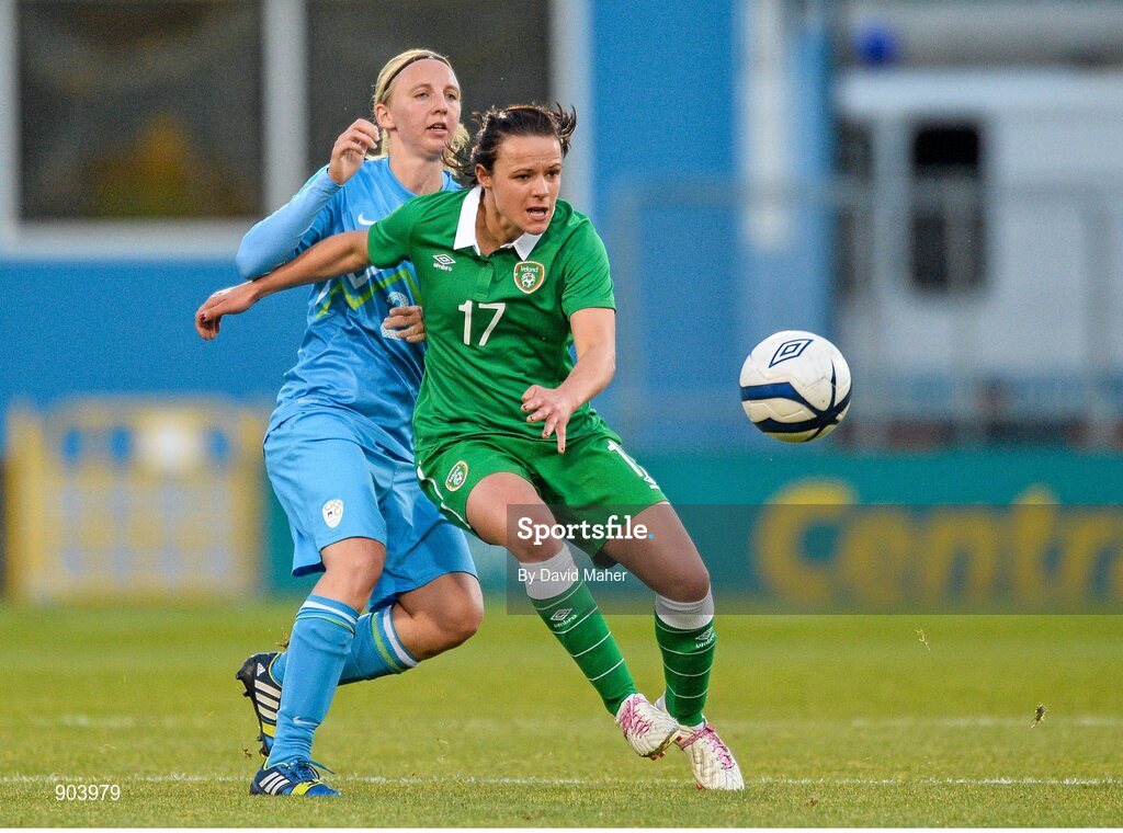 20 August 2014; Aine O'Gorman, Republic of Ireland, in action against Kaja Jerina, Slovenia. FIFA Women's World Cup Qualifier, Group 1, Republic of Ireland v Slovenia. Tallaght Stadium, Tallaght, Co. Dublin. Picture credit: David Maher / SPORTSFILE
