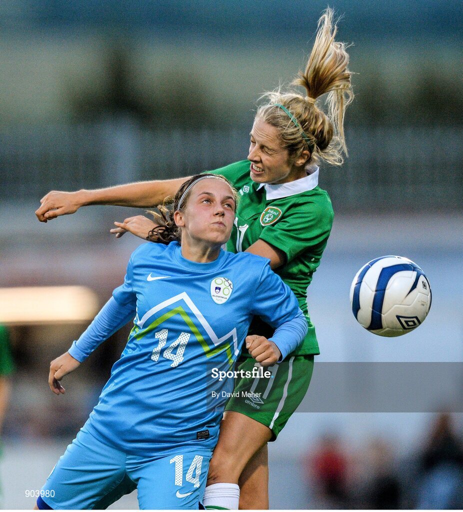 20 August 2014; Julie Ann Russell, Republic of Ireland, in action against Tina Marolt, Slovenia. FIFA Women's World Cup Qualifier, Group 1, Republic of Ireland v Slovenia. Tallaght Stadium, Tallaght, Co. Dublin. Picture credit: David Maher / SPORTSFILE