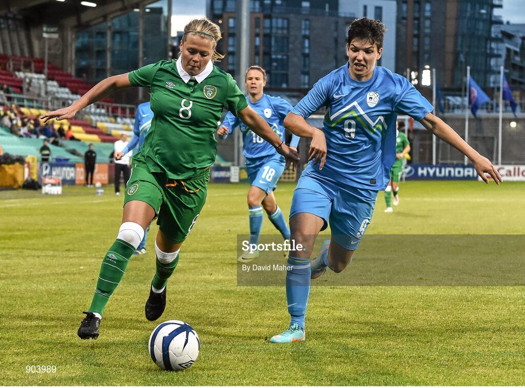 20 August 2014; Ruesha Littlejohn, Republic of Ireland, in action against Evelina Kos, Slovenia. FIFA Women's World Cup Qualifier, Group 1, Republic of Ireland v Slovenia. Tallaght Stadium, Tallaght, Co. Dublin. Picture credit: David Maher / SPORTSFILE