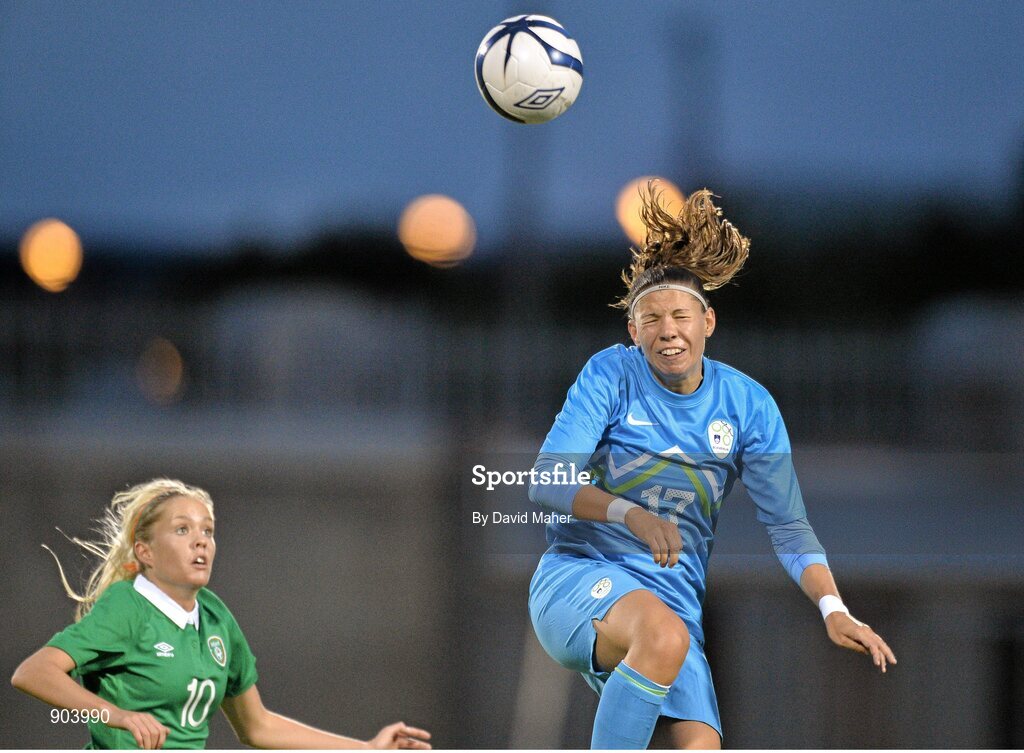 20 August 2014; Urska Zganec, Slovenia, in action against Denise O'Sullivan, Republic of Ireland. FIFA Women's World Cup Qualifier, Group 1, Republic of Ireland v Slovenia. Tallaght Stadium, Tallaght, Co. Dublin. Picture credit: David Maher / SPORTSFILE