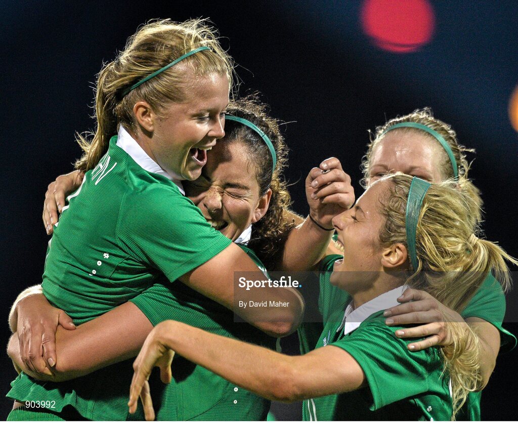 20 August 2014; Fiona O'Sullivan, centre, Republic of Ireland, celebrates after scoring her side's second goal with team-mates Ruesha Littlejohn, left, and Julie Ann Russell. FIFA Women's World Cup Qualifier, Group 1, Republic of Ireland v Slovenia. Tallaght Stadium, Tallaght, Co. Dublin. Picture credit: David Maher / SPORTSFILE