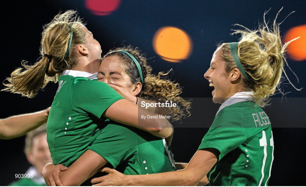 20 August 2014; Fiona O'Sullivan, centre, Republic of Ireland, celebrates after scoring her side's second goal with team-mates Ruesha Littlejohn, left, and Julie Ann Russell. FIFA Women's World Cup Qualifier, Group 1, Republic of Ireland v Slovenia. Tallaght Stadium, Tallaght, Co. Dublin. Picture credit: David Maher / SPORTSFILE