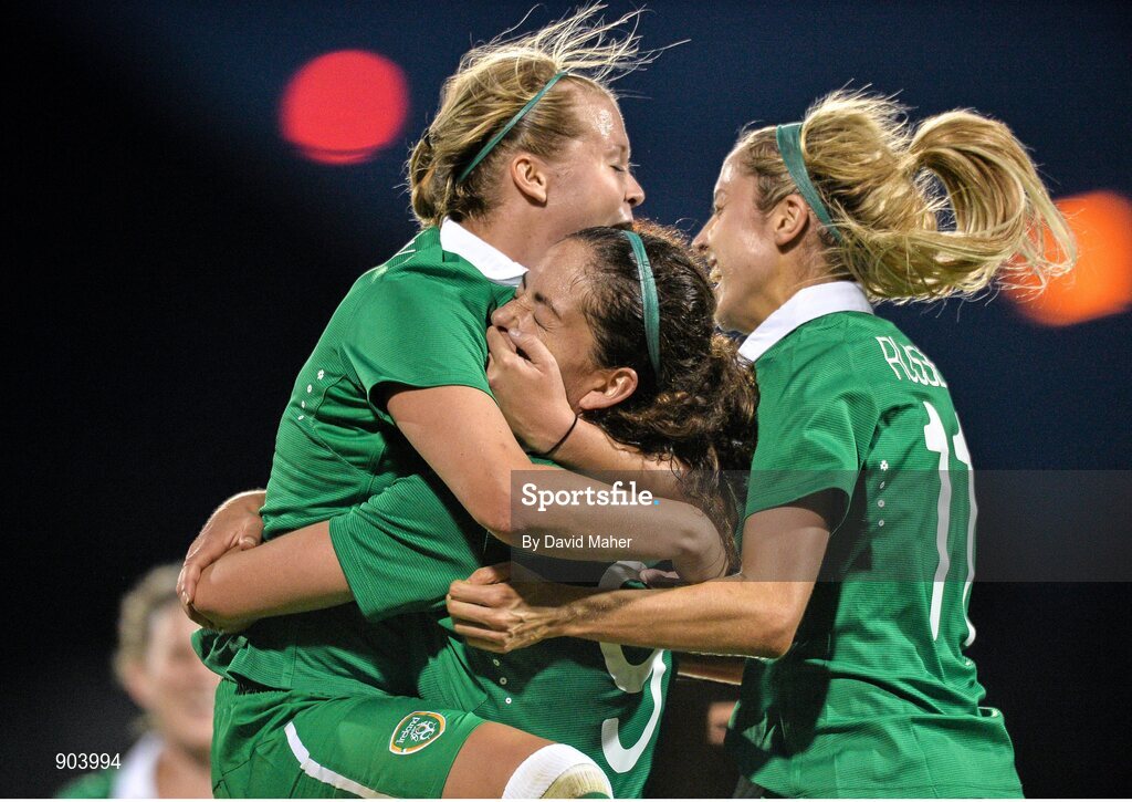 20 August 2014; Fiona O'Sullivan, centre, Republic of Ireland, celebrates after scoring her side's second goal with team-mates Ruesha Littlejohn, left, and Julie Ann Russell. FIFA Women's World Cup Qualifier, Group 1, Republic of Ireland v Slovenia. Tallaght Stadium, Tallaght, Co. Dublin. Picture credit: David Maher / SPORTSFILE