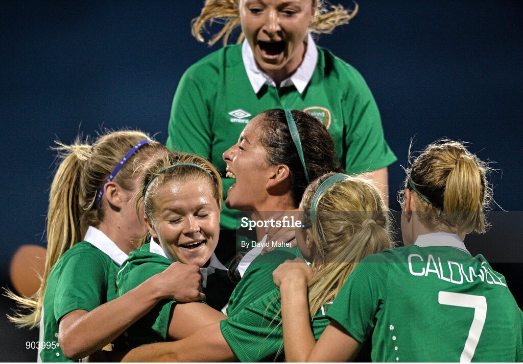 20 August 2014; Fiona O'Sullivan, centre, Republic of Ireland, celebrates with team-mates after scoring her side's second goal. FIFA Women's World Cup Qualifier, Group 1, Republic of Ireland v Slovenia. Tallaght Stadium, Tallaght, Co. Dublin. Picture credit: David Maher / SPORTSFILE