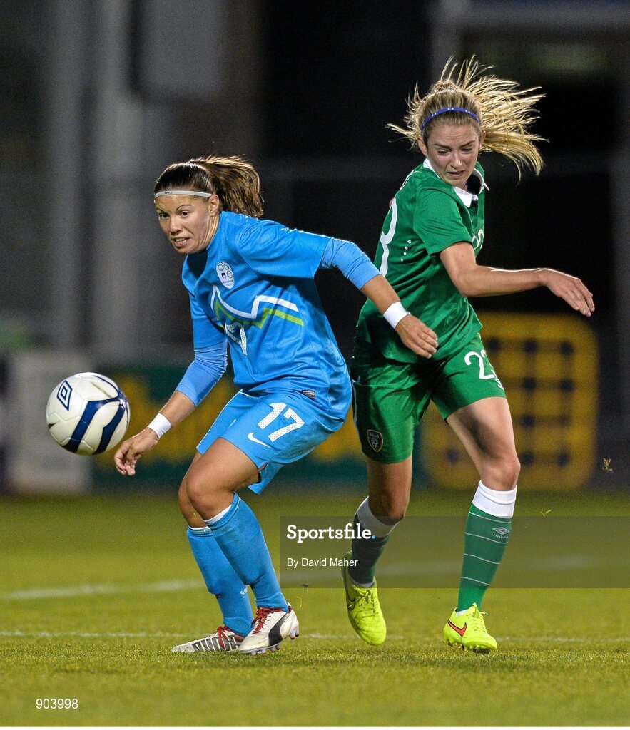 20 August 2014; Siobhan Killeen, Republic of Ireland, in action against Urska Zganec, Slovenia. FIFA Women's World Cup Qualifier, Group 1, Republic of Ireland v Slovenia. Tallaght Stadium, Tallaght, Co. Dublin. Picture credit: David Maher / SPORTSFILE