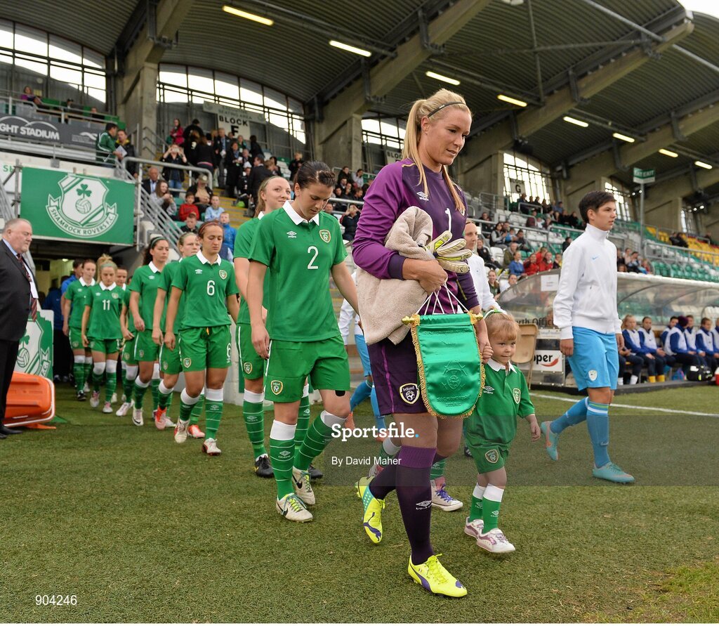 20 August 2014; Republic of Ireland captain Emma Byrne leads the team out for the game against Slovenia. FIFA Women's World Cup Qualifier, Group 1, Republic of Ireland v Slovenia. Tallaght Stadium, Tallaght, Co. Dublin. Picture credit: David Maher / SPORTSFILE