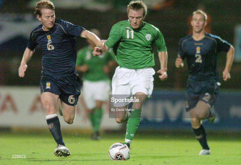 14 November 2006; Alan O'Brien, Republic of Ireland 'B', in action against Michael Stewart, Scotland 'B'. B International, Republic of Ireland 'B' v Scotland 'B', Dalymount Park, Dublin. Picture credit: David Maher / SPORTSFILE