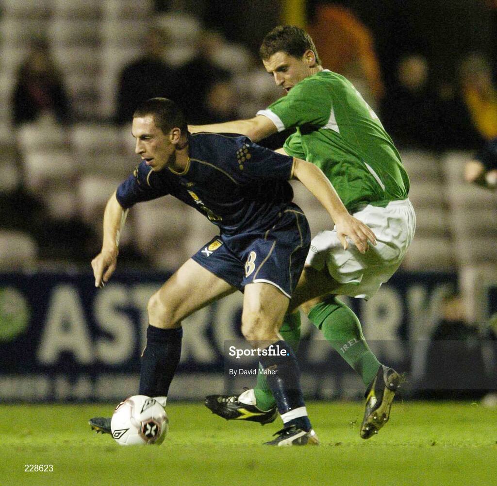 14 November 2006; Scott Brown, Scotland 'B' in action against Alex Bruce, Republic of Ireland 'B'. B International, Republic of Ireland 'B' v Scotland 'B', Dalymount Park, Dublin. Picture credit: David Maher / SPORTSFILE