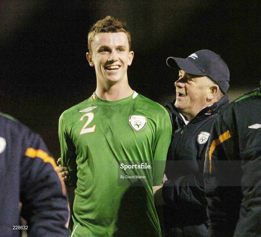 14 November 2006; Republic of Ireland 'B' team manager Pat Devlin congratulates Kevin Foley on his man of the match award. B International, Republic of Ireland 'B' v Scotland 'B', Dalymount Park, Dublin. Picture credit: David Maher / SPORTSFILE