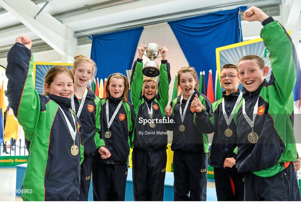 24 August 2014; Under 12 mixed Skittles gold medal winners from Hacketstown, Co.Carlow, representing Leinster are from left to right, Amy Roche, Sarah Byrne, Aibha Kieran, Niall Byrne, Leah Browne, Eoin Connolly and James Whelan. HSE Community Games August Festival 2014, Athlone Institute of Technology, Athlone, Co. Westmeath.  Picture credit: David Maher / SPORTSFILE