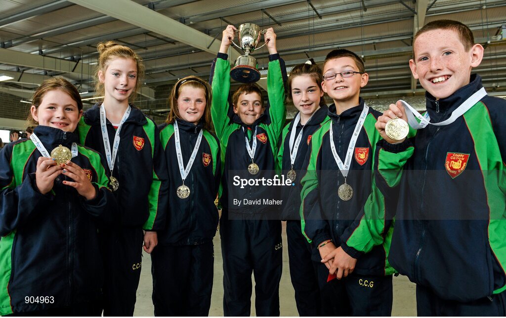 24 August 2014; Under12 mixed Skittles gold medal winners from Hacketstown, Co.Carlow, representing Leinster are from left to right, Amy Roche, Sarah Byrne, Aibha Kieran, Niall Byrne, Leah Browne, Eoin Connolly and James Whelan. HSE Community Games August Festival 2014, Athlone Institute of Technology, Athlone, Co. Westmeath.  Picture credit: David Maher / SPORTSFILE