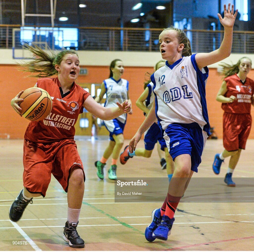 24 August 2014; Emma Regan, Castleisland, Co.Kerry, representing Munter, in action against Verona Crowley, Oran more/Maree, Galway, representing Connacht,  in the final of the Basketball Girls Under 13 Final . HSE Community Games August Festival 2014, Athlone Institute of Technology, Athlone, Co. Westmeath.  Picture credit: David Maher / SPORTSFILE