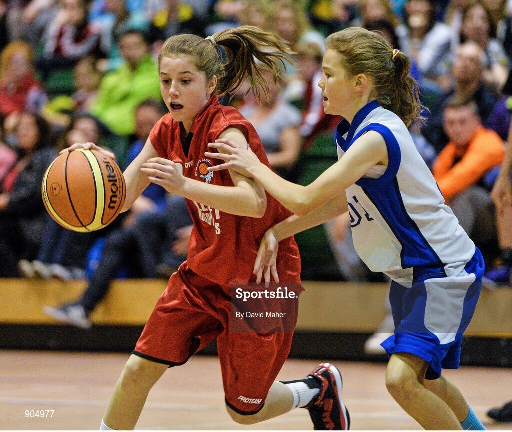 24 August 2014; Brid Moriarty, Castleisland, Co.Kerry, representing Munter, in action against Lisa Blaney, Oran more/Maree, Galway, representing Connacht,  in the final of the Basketball Girls Under 13 Final . HSE Community Games August Festival 2014, Athlone Institute of Technology, Athlone, Co. Westmeath.  Picture credit: David Maher / SPORTSFILE