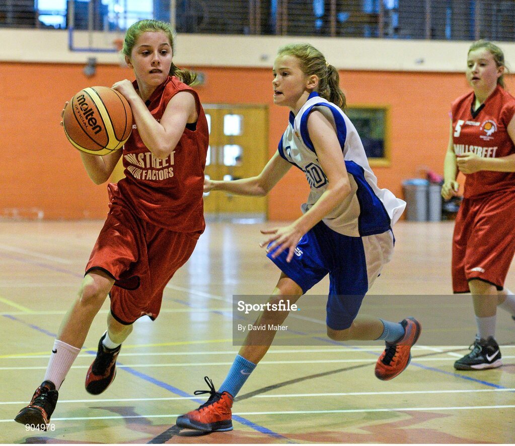 24 August 2014; Brid Moriarty, Castleisland, Co.Kerry, representing Munter, in action against Lisa Blaney, Oran more/Maree, Galway, representing Connacht,  in the final of the Basketball Girls Under 13 Final . HSE Community Games August Festival 2014, Athlone Institute of Technology, Athlone, Co. Westmeath.  Picture credit: David Maher / SPORTSFILE