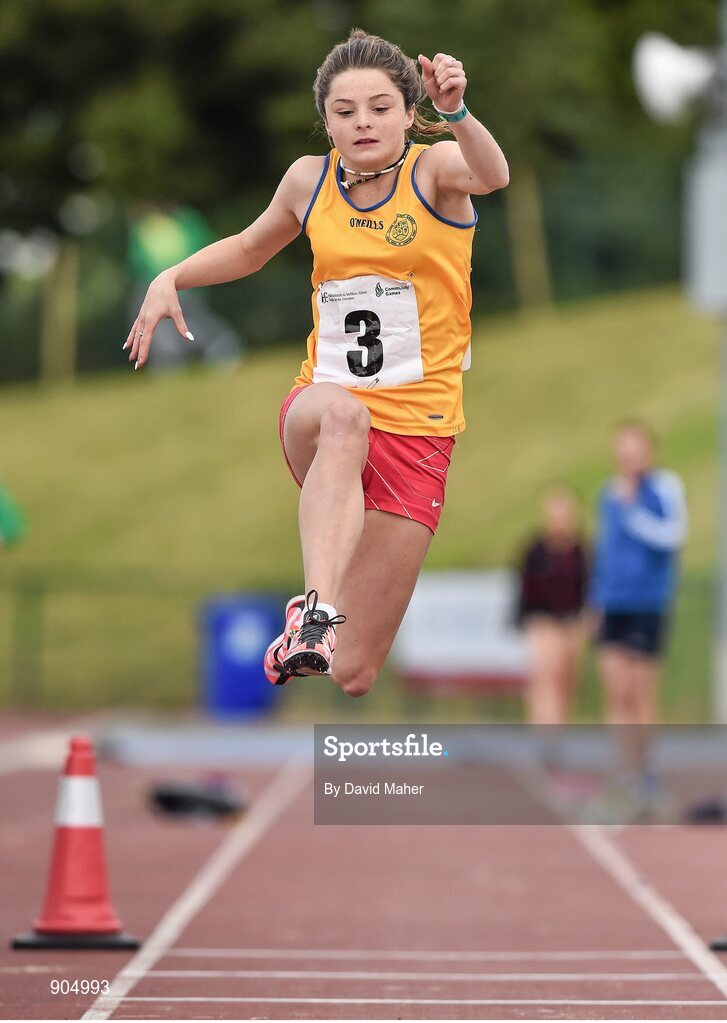 24 August 2014; Kate Taylor, Quin/Clooney, Co. Clare, in action during the Girls U.16 Triple Jump. HSE Community Games August Festival 2014, Athlone Institute of Technology, Athlone, Co. Westmeath.  Picture credit: David Maher / SPORTSFILE