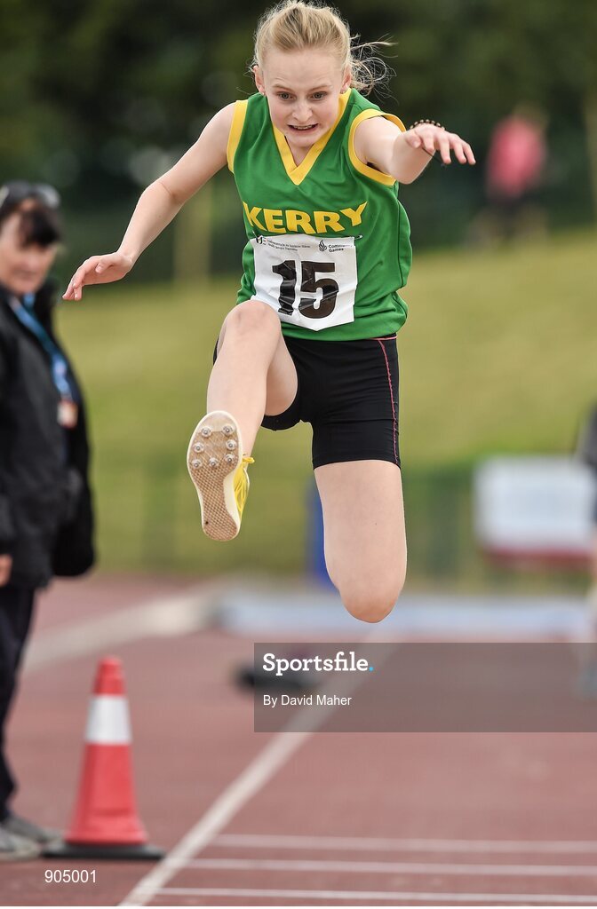 24 August 2014; Rachel Bonler, Rock Street/Caherslee, Co. Kerry, in action during the Girls Under 16 Triple Jump. HSE Community Games August Festival 2014, Athlone Institute of Technology, Athlone, Co. Westmeath.  Picture credit: David Maher / SPORTSFILE