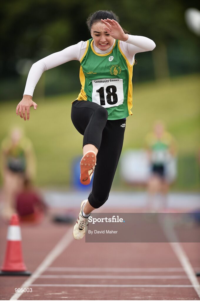 24 August 2014; Sinead Reynolds, Dunboyne, Co. Meath, in action during the Girls Under 16 Triple Jump. HSE Community Games August Festival 2014, Athlone Institute of Technology, Athlone, Co. Westmeath.  Picture credit: David Maher / SPORTSFILE