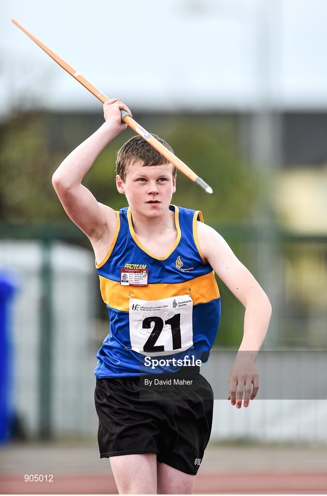 24 August 2014; Sean Mochler, Moycarkey, Co.Tipperary, during the Boys Under 14 Javelin. HSE Community Games August Festival 2014, Athlone Institute of Technology, Athlone, Co. Westmeath.  Picture credit: David Maher / SPORTSFILE