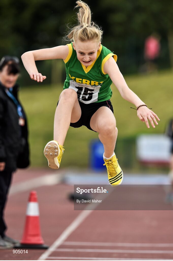 24 August 2014; Rachel Bonler, Rock Street/Caherslee, Co.Kerry, in action during the Girls Under 16 Triple Jump. HSE Community Games August Festival 2014, Athlone Institute of Technology, Athlone, Co. Westmeath.  Picture credit: David Maher / SPORTSFILE